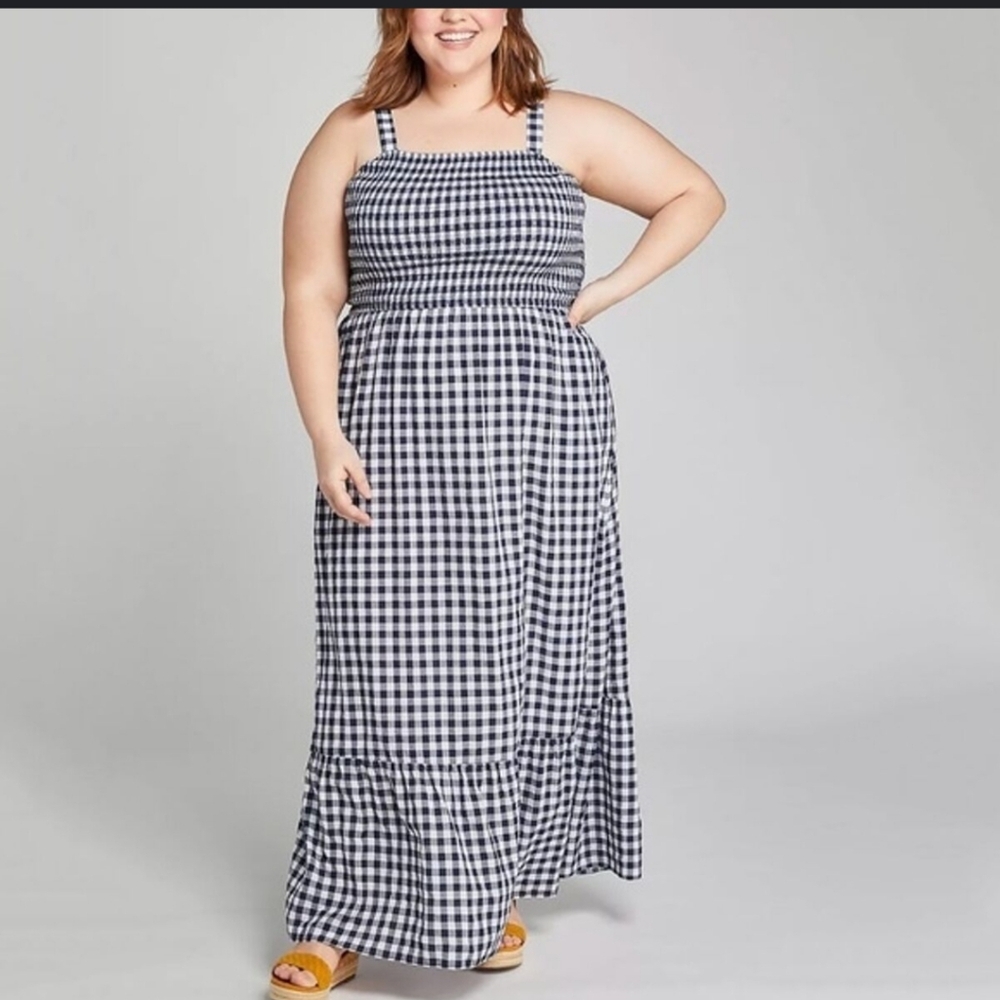 NWT Lane Bryant Square-Neck Flounce Hem Gingham Midi Dress Size 18/20